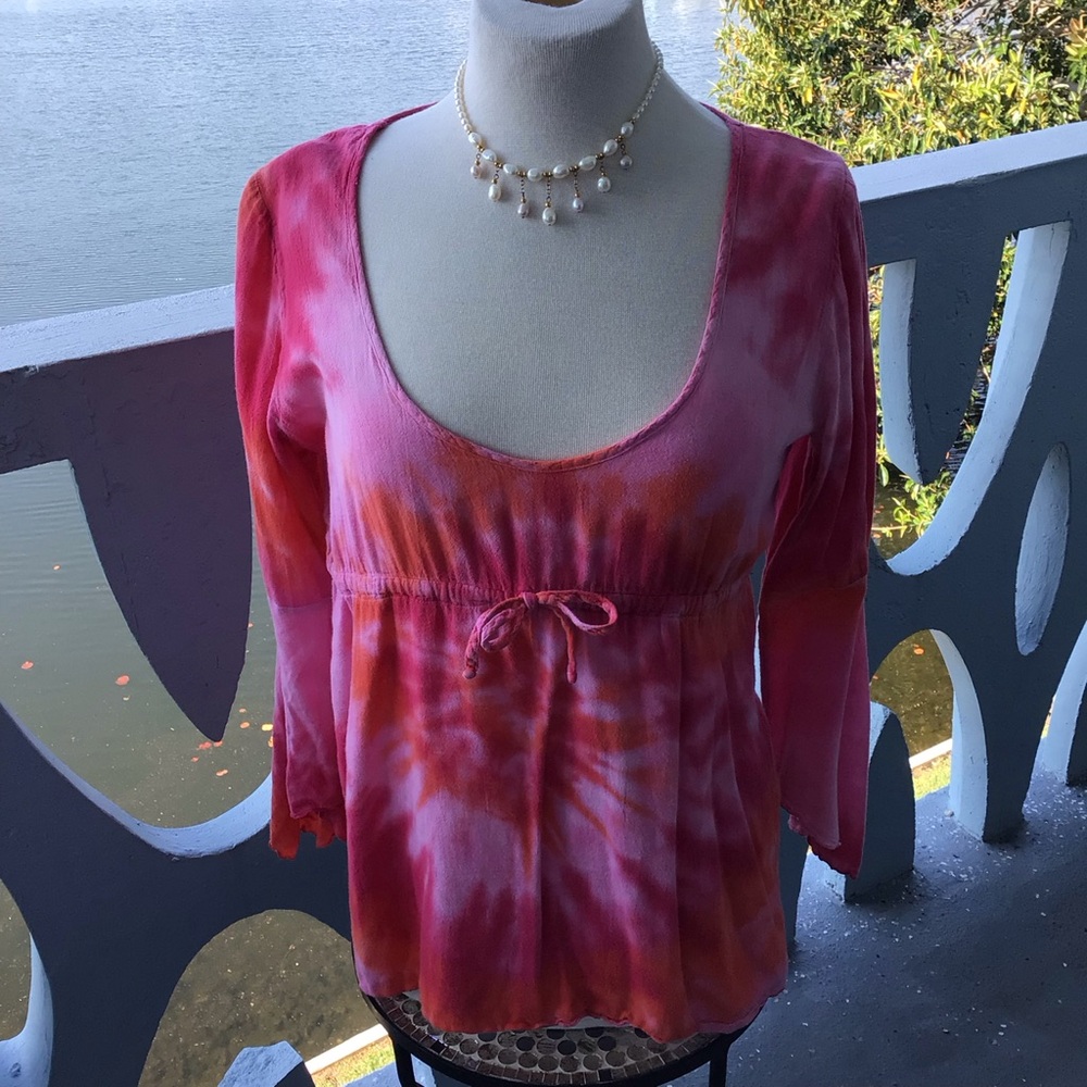 Debbie Katz South Beach Women’s Pink Tie-Dye Scoop Neck Peplum Top Tied Waist